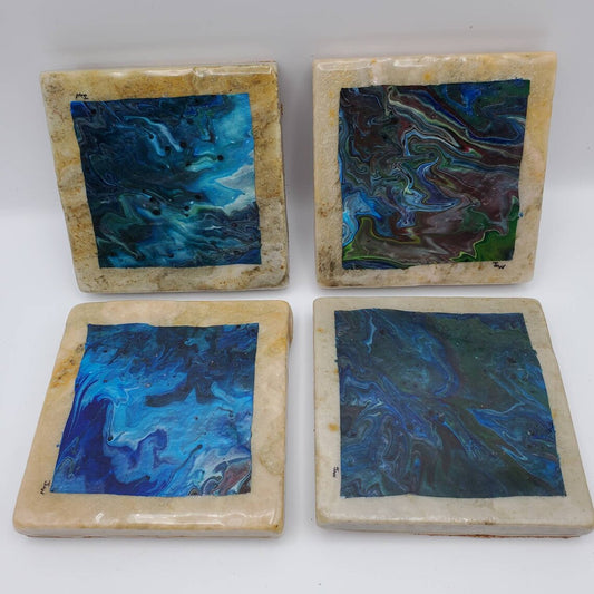 Natural Slate Coasters, Acrylic Pour 4.5"x4.5" set of 4 Rock Coasters with Cork Backing, Heat Resistant Resin Top-Coat