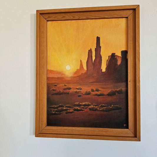 Original "Desert Sun" Oil Painting, Custom frame included, Hand Painted on canvas, 16"x24"